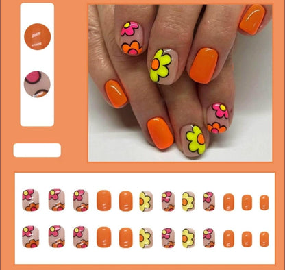 Orange Flower Short Nail Set